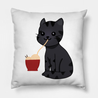 Kawaii Black Cat Eating Ramen, Cat Lover Pillow