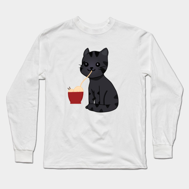 Kawaii Black Cat Eating Ramen, Cat Lover Long Sleeve T-Shirt by logiamerch