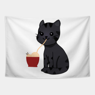 Kawaii Black Cat Eating Ramen, Cat Lover Tapestry