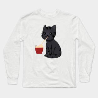 Kawaii Black Cat Eating Ramen, Cat Lover Long Sleeve T-Shirt