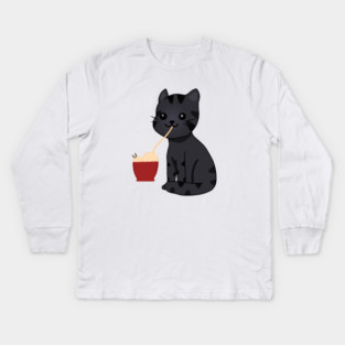 Kawaii Black Cat Eating Ramen, Cat Lover Kids Long Sleeve T-Shirt