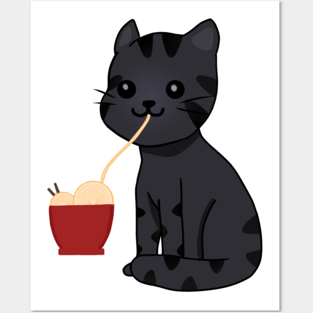 Kawaii Black Cat Eating Ramen, Cat Lover Wall Art by logiamerch