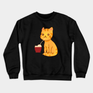 Kawaii Ginger Cat Eating Ramen, Cat Lover Crewneck Sweatshirt