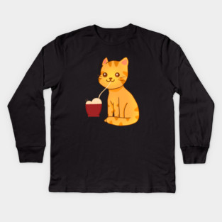 Kawaii Ginger Cat Eating Ramen, Cat Lover Kids Long Sleeve T-Shirt