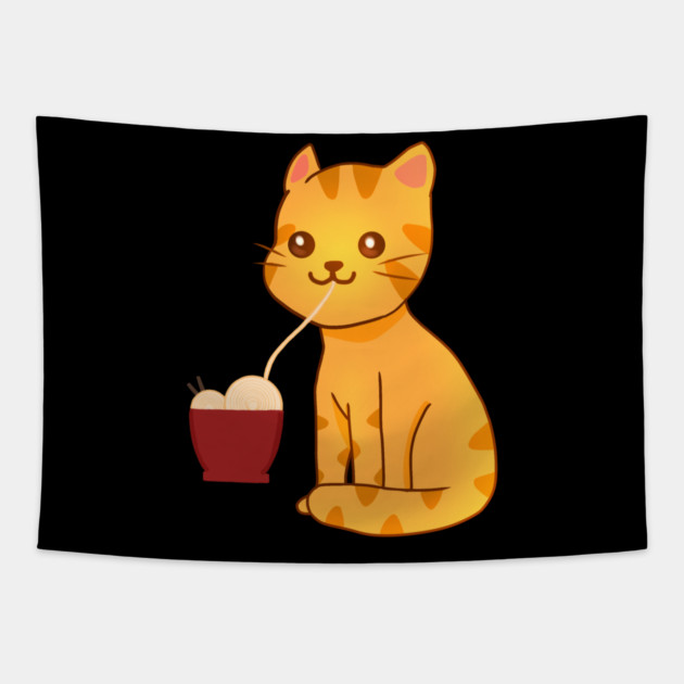 Kawaii Ginger Cat Eating Ramen, Cat Lover Tapestry by logiamerch