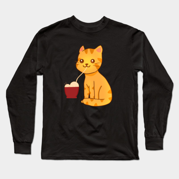 Kawaii Ginger Cat Eating Ramen, Cat Lover Long Sleeve T-Shirt by logiamerch
