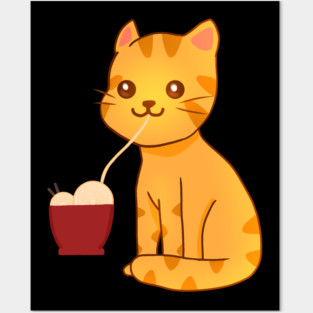 Kawaii Ginger Cat Eating Ramen, Cat Lover Posters and Art