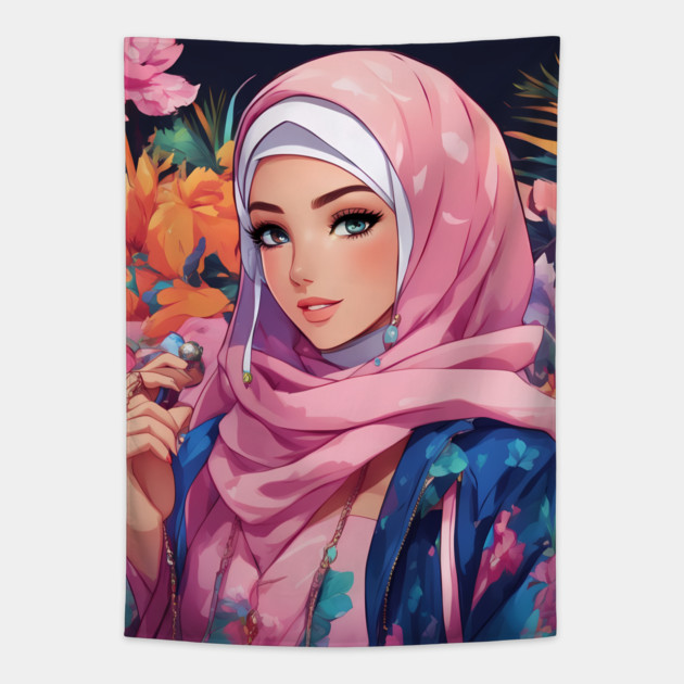 Islam Muslim Hijab Anime Girl Tapestry by animegirlnft