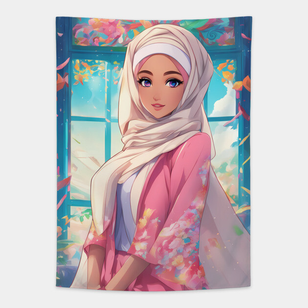 Muslim Islamic Hijab Anime Woman Tapestry by animegirlnft