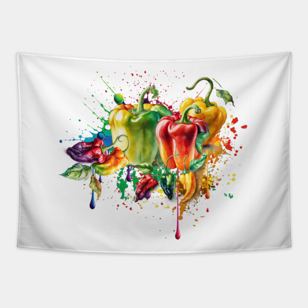 Chili & Bell Peppers Splatter Art Tapestry by HolidayBug