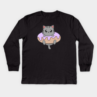 Kawaii Gray Cat inside Donut Kids Long Sleeve T-Shirt
