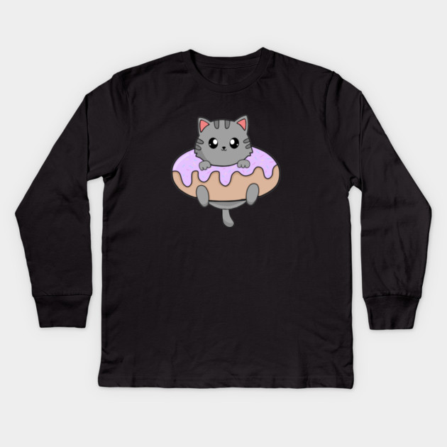 Kawaii Gray Cat inside Donut Kids Long Sleeve T-Shirt by logiamerch