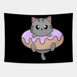 Kawaii Gray Cat inside Donut Tapestry
