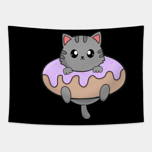 Kawaii Gray Cat inside Donut Tapestry by logiamerch