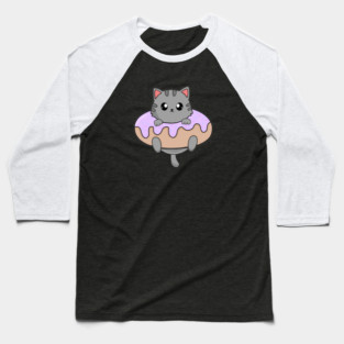 Kawaii Gray Cat inside Donut Baseball T-Shirt