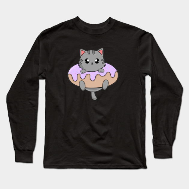Kawaii Gray Cat inside Donut Long Sleeve T-Shirt by logiamerch
