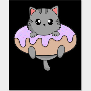 Kawaii Gray Cat inside Donut Posters and Art