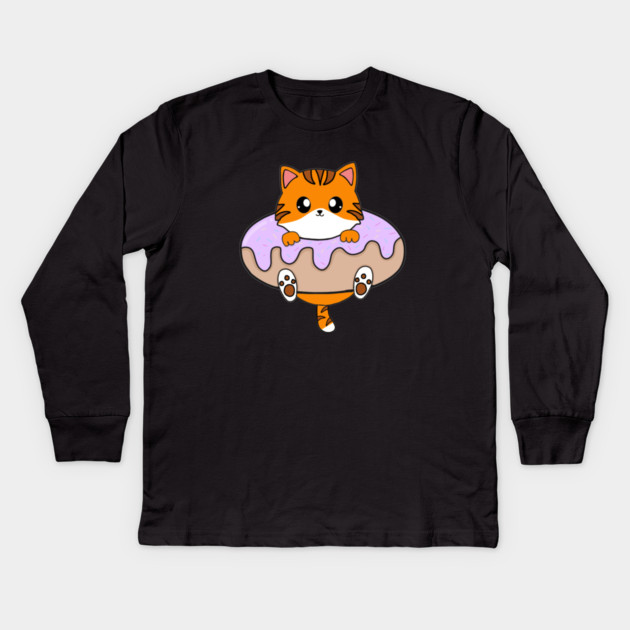 Kawaii Orange Cat inside Donut Kids Long Sleeve T-Shirt by logiamerch