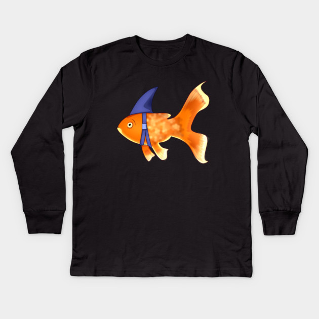 Funny Fish Brave Goldfish Pretending to be a Shark Kids Long Sleeve T-Shirt by logiamerch