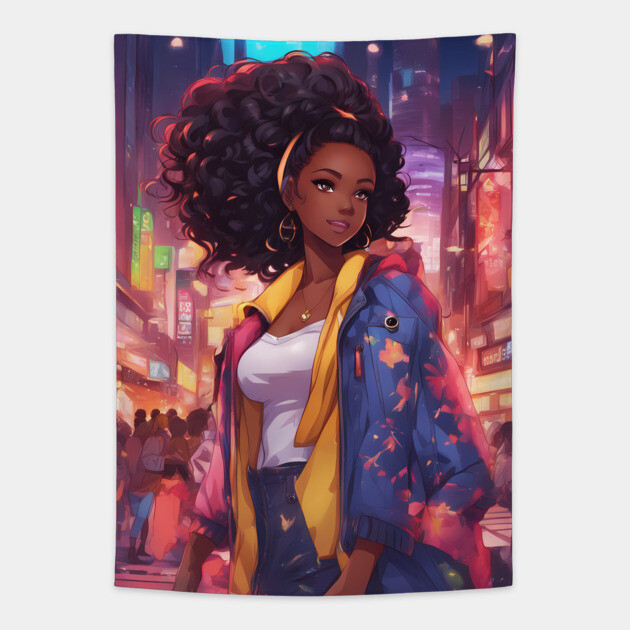 African American Black Anime Girl Tapestry by animegirlnft
