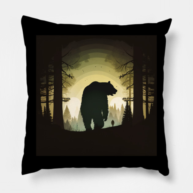 Forest with  Bear and Man Silhouette, Adventure Pillow by logiamerch
