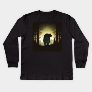 Forest with  Bear and Man Silhouette, Adventure Kids Long Sleeve T-Shirt