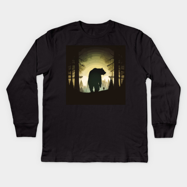 Forest with  Bear and Man Silhouette, Adventure Kids Long Sleeve T-Shirt by logiamerch