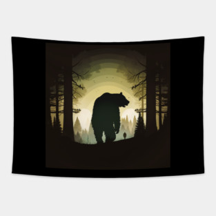 Forest with  Bear and Man Silhouette, Adventure Tapestry