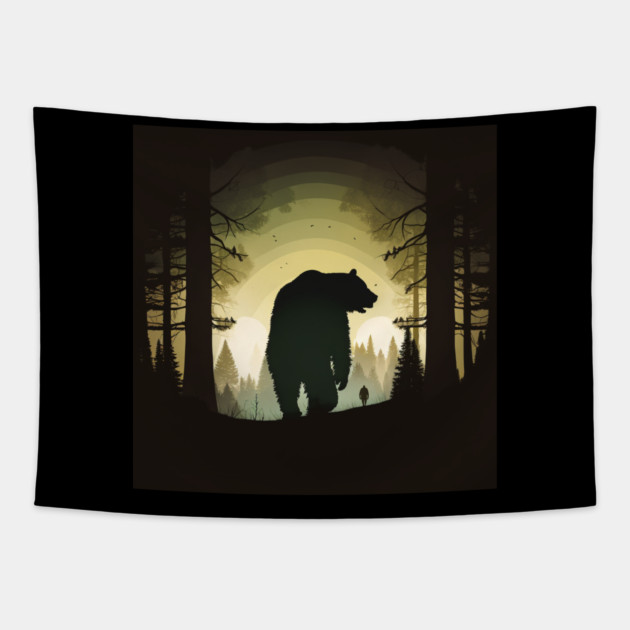 Forest with  Bear and Man Silhouette, Adventure Tapestry by logiamerch