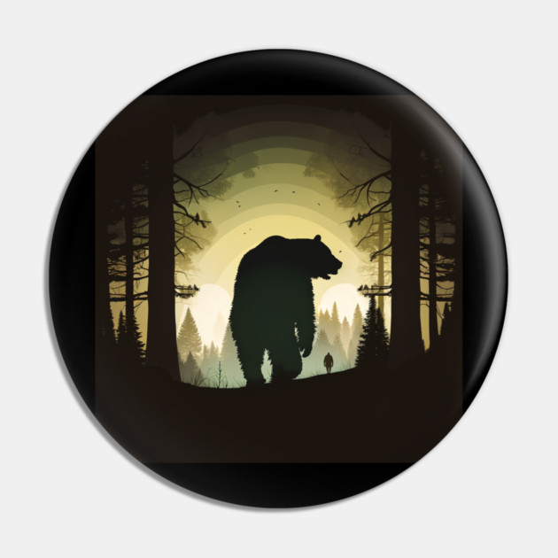 Forest with  Bear and Man Silhouette, Adventure Pin by logiamerch