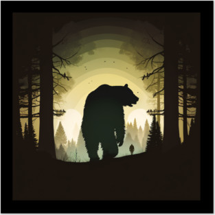 Forest with  Bear and Man Silhouette, Adventure Posters and Art