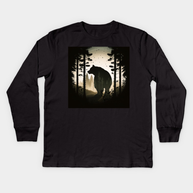 Forest with Bear Silhouette, Adventure Kids Long Sleeve T-Shirt by logiamerch