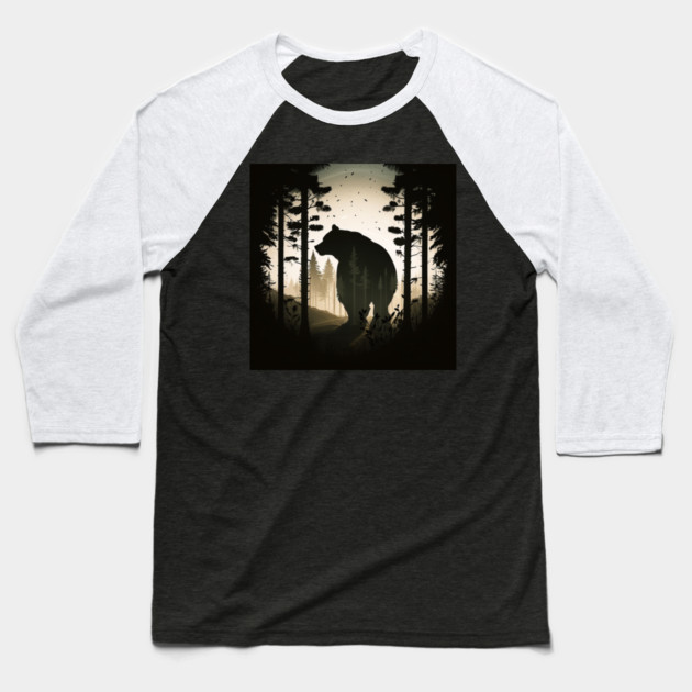 Forest with Bear Silhouette, Adventure Baseball T-Shirt by logiamerch
