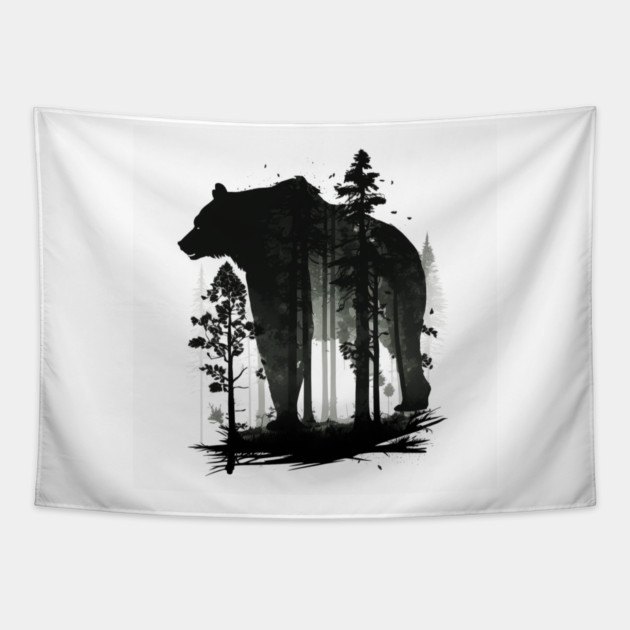 Forest with  Bear Silhouette, Adventure Tapestry by logiamerch