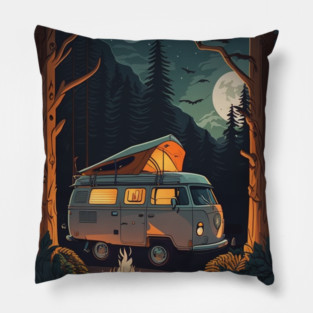 Camping Adventure in the Forest, Campire at Night Pillow