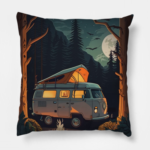 Camping Adventure in the Forest, Campire at Night Pillow by logiamerch