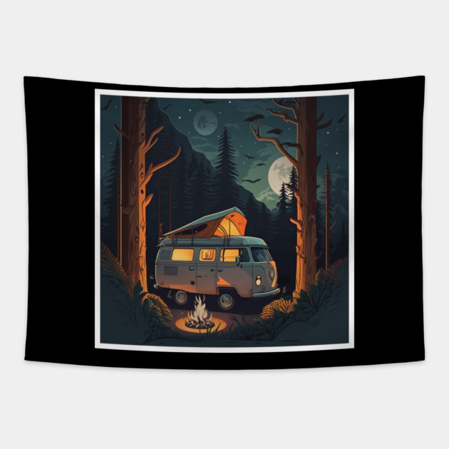 Camping Adventure in the Forest, Campire at Night Tapestry by logiamerch