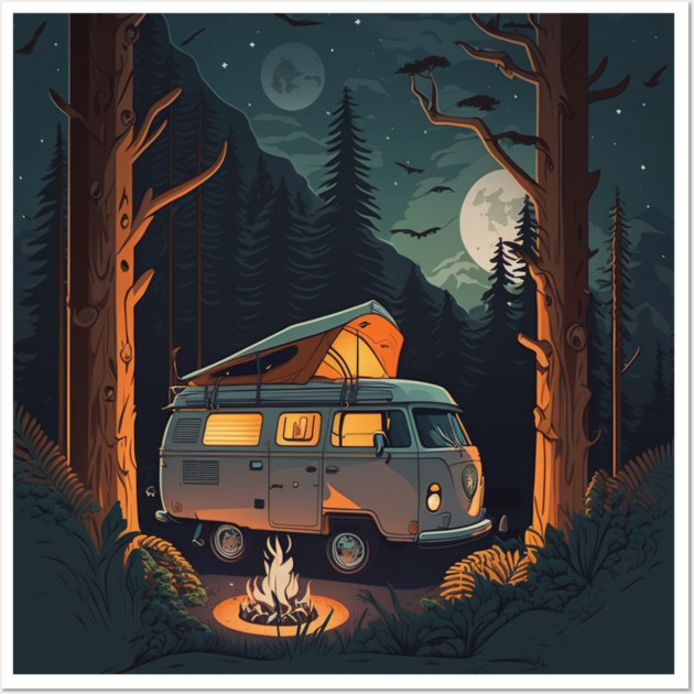 Camping Adventure in the Forest, Campire at Night Wall Art by logiamerch