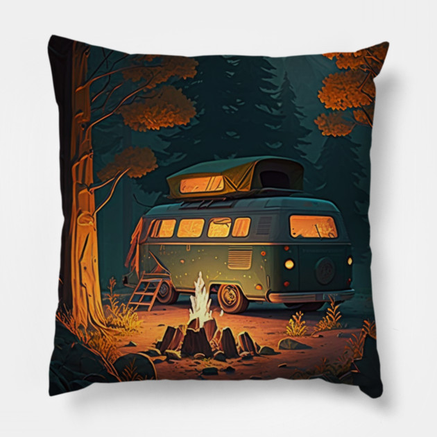 Camping Van, Adventure in the Forest, Camfire Pillow by logiamerch