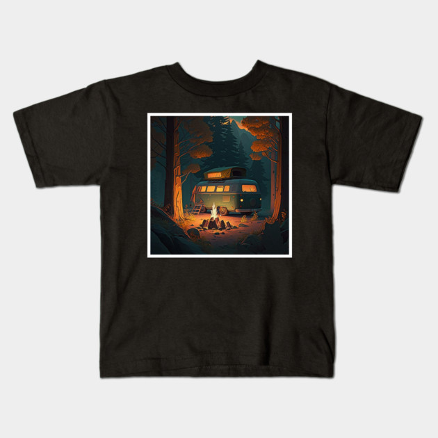 Camping Van, Adventure in the Forest, Camfire Kids T-Shirt by logiamerch