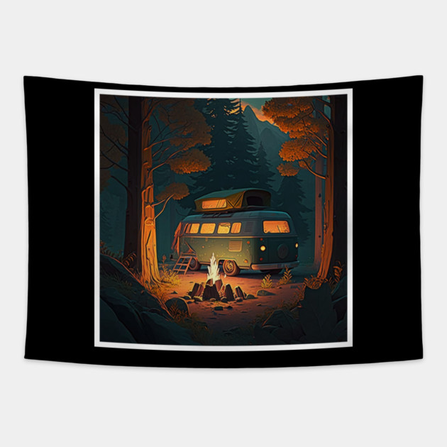 Camping Van, Adventure in the Forest, Camfire Tapestry by logiamerch