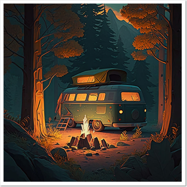 Camping Van, Adventure in the Forest, Camfire Wall Art by logiamerch