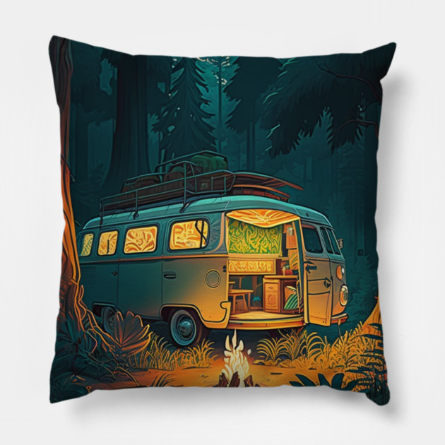 Camping Adventure in the Forest, Campire at Night Pillow by logiamerch