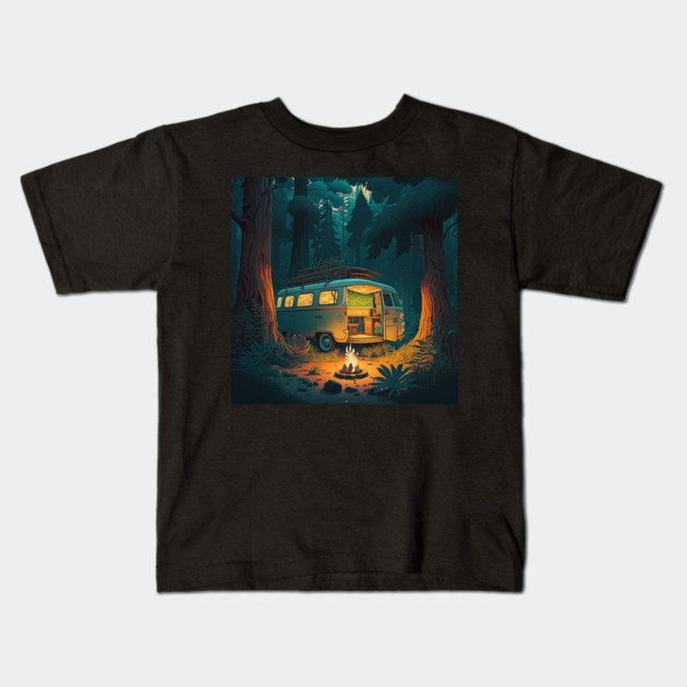 Camping Adventure in the Forest, Campire at Night Kids T-Shirt by logiamerch