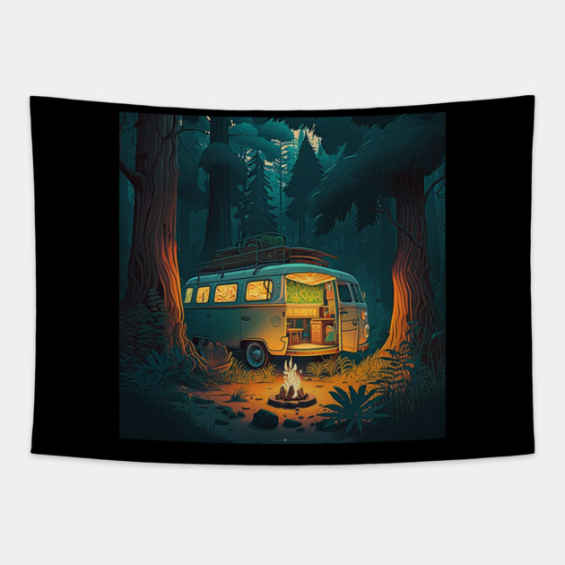 Camping Adventure in the Forest, Campire at Night Tapestry by logiamerch
