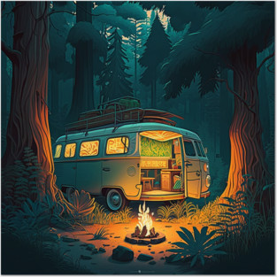 Camping Adventure in the Forest, Campire at Night Posters and Art