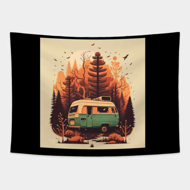 Camping Adventure in the Forest Autumm Tapestry by logiamerch