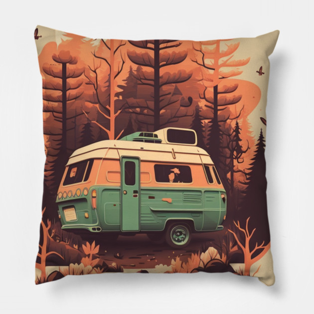 Camping Van, Autumm Adventure in the Forest Pillow by logiamerch
