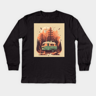 Camping Van, Autumm Adventure in the Forest Kids Long Sleeve T-Shirt