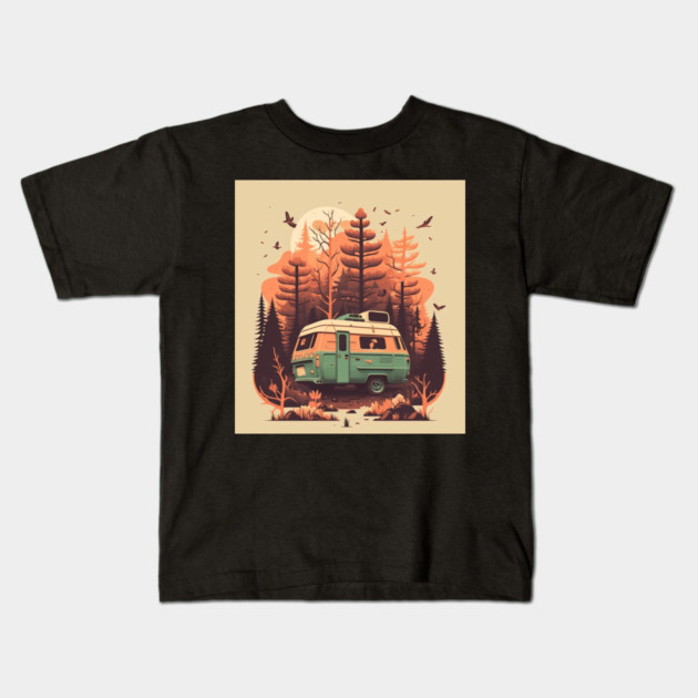 Camping Van, Autumm Adventure in the Forest Kids T-Shirt by logiamerch
